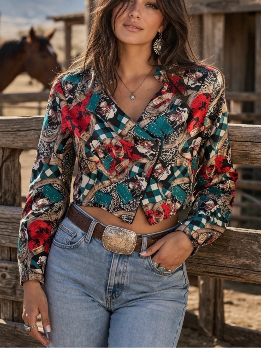 Vintage RoughRider Made in USA Western Cropped LS Top Shirt Small Cowgirl Rodeo